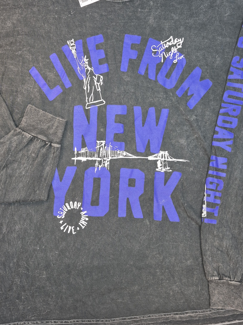 Live From New York Graphic Long Sleeve Tee Black on Charcoal Distressed